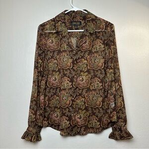 Truth Woman Blouse Top Brown Floral Ruffled Cuff Long Sleeve Boho Cottagecore M
